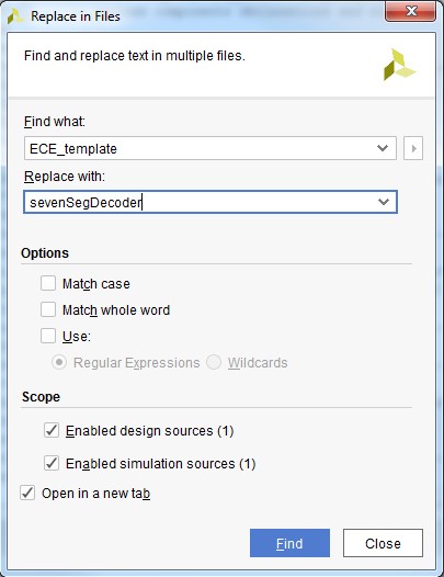 Find ECE_template and replace with sevenSegDecoder