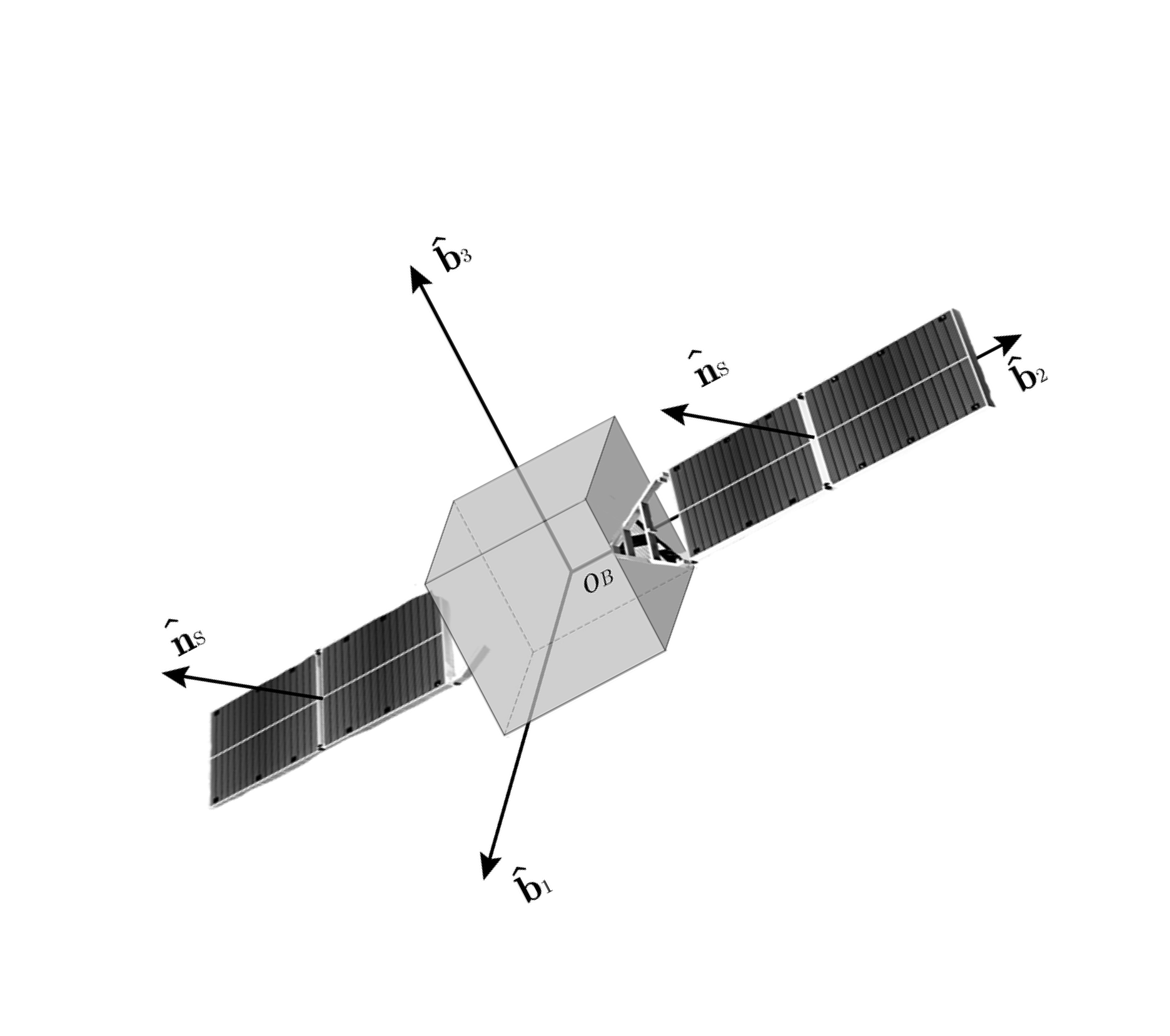 Spacecraft body frame attached to a satellite bus with solar arrays.